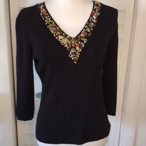 JOSEPH A. beaded v-neck 3/4 sleeve viscose/nylon unique‎ sweater Sz. M